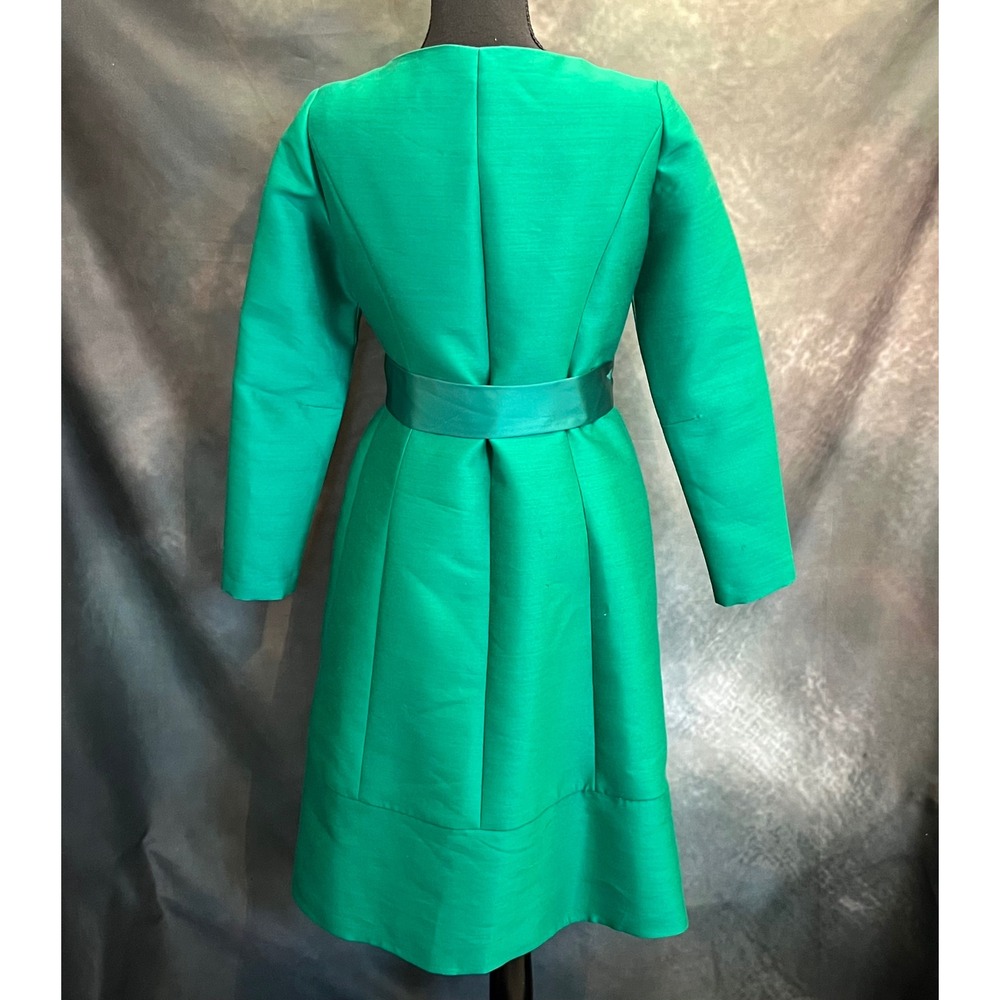 Vintage 1959–62 Emerald Shantung Cocktail Coat Crystal Buttons & Satin Bow‎ Belt - Picture 6 of 9